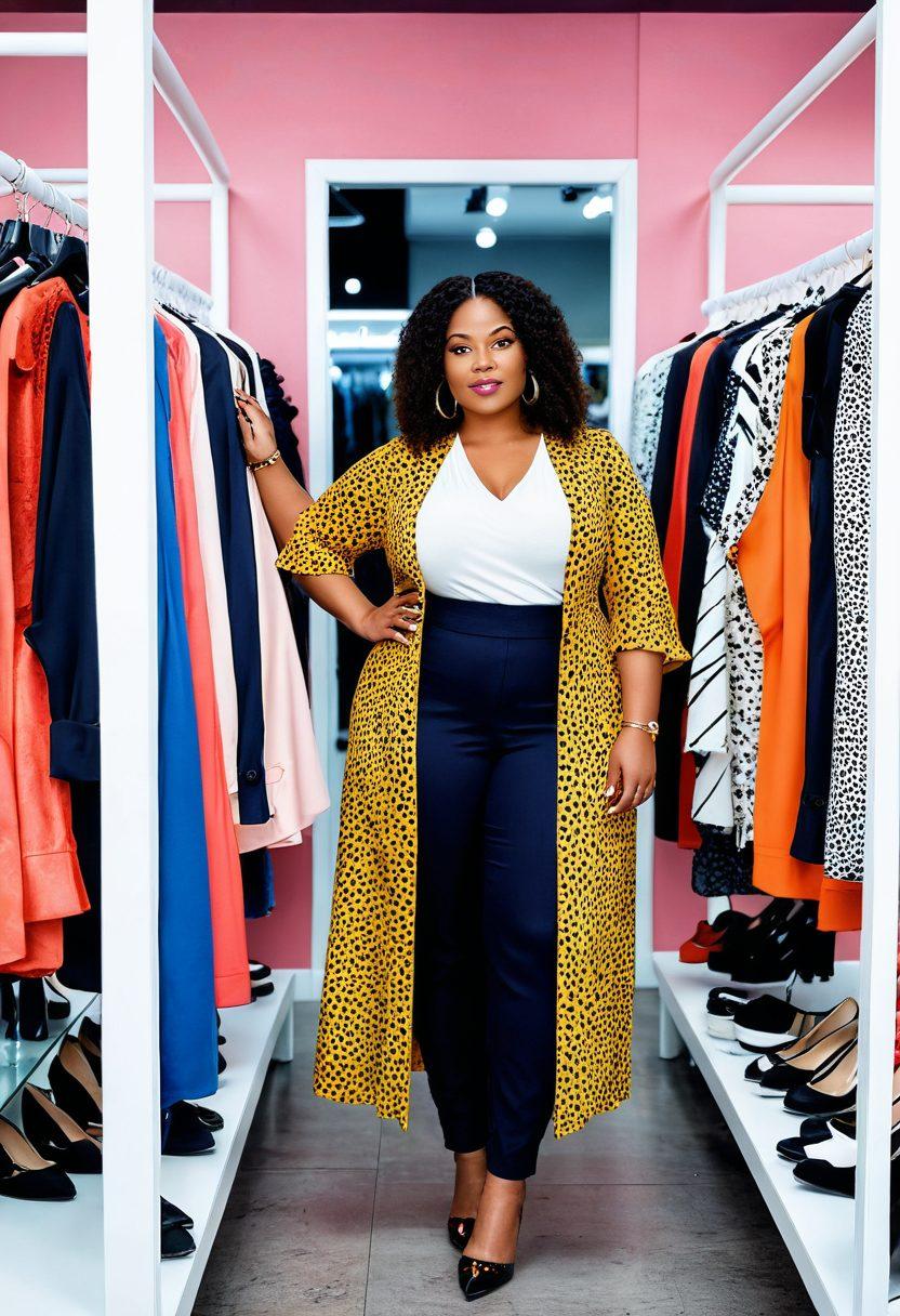 A confident curvy fashionista experimenting with a chic outfit in a modern, stylish boutique. The scene should include a vibrant array of must-have clothing pieces hanging on racks, alongside accessories like bold statement jewelry and stylish shoes. The background should be a colorful, trendy interior with soft lighting that highlights the fashionista's joy. Include a mix of textures and patterns in the clothing to emphasize diversity in style. 3D, vibrant colors.