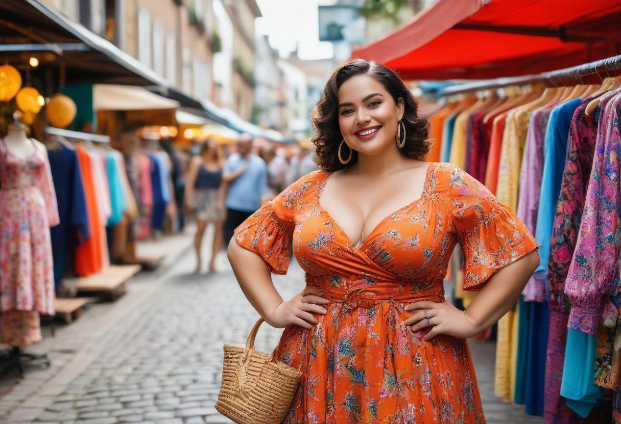 A confident curvy woman standing in a chic urban environment, showcasing a fashionable outfit that highlights her curves, surrounded by stylish clothing racks filled with vibrant dresses and accessories. The background features a colorful, inviting street market with artsy decorations. The woman is smiling and poses with one hand on her hip, exuding body positivity and confidence. super-realistic. vibrant colors. casual street style.